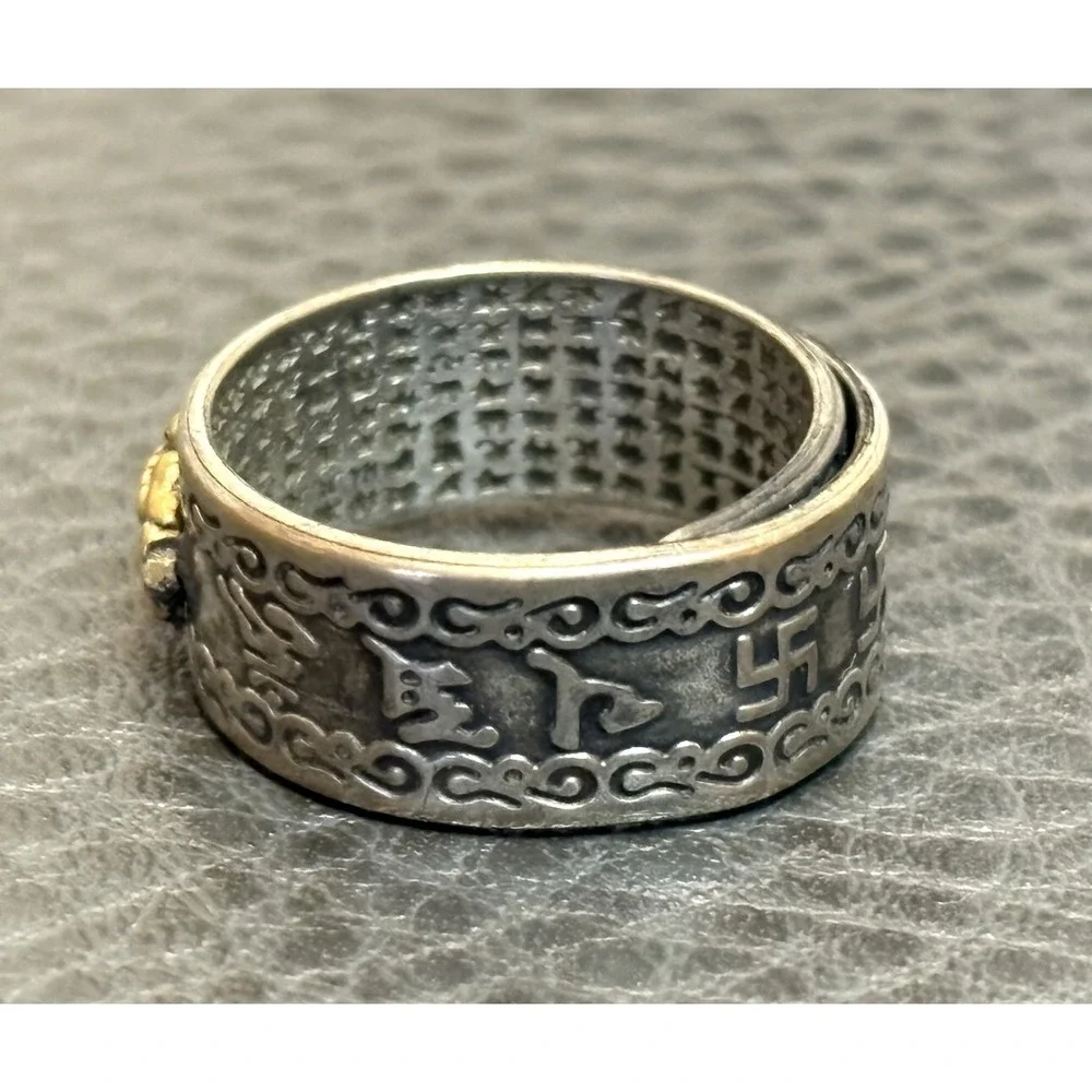 990 Silver Plated Lucky Pikiu Six Sutra Dragon Whirling Logs Boho Ring Sz 8